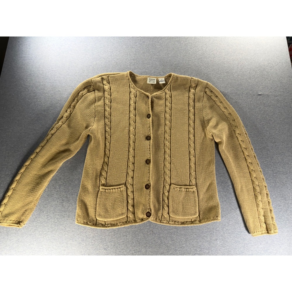 Vintage Hudson Field Gear Tan Cotton Cable Knit Button Front Cardigan Sweater M